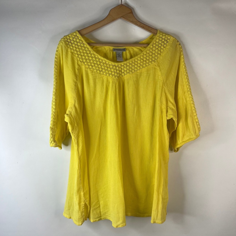 Catherines Blouse Women 1X Yellow Crochet Lace Trim Cotton Gauze Top